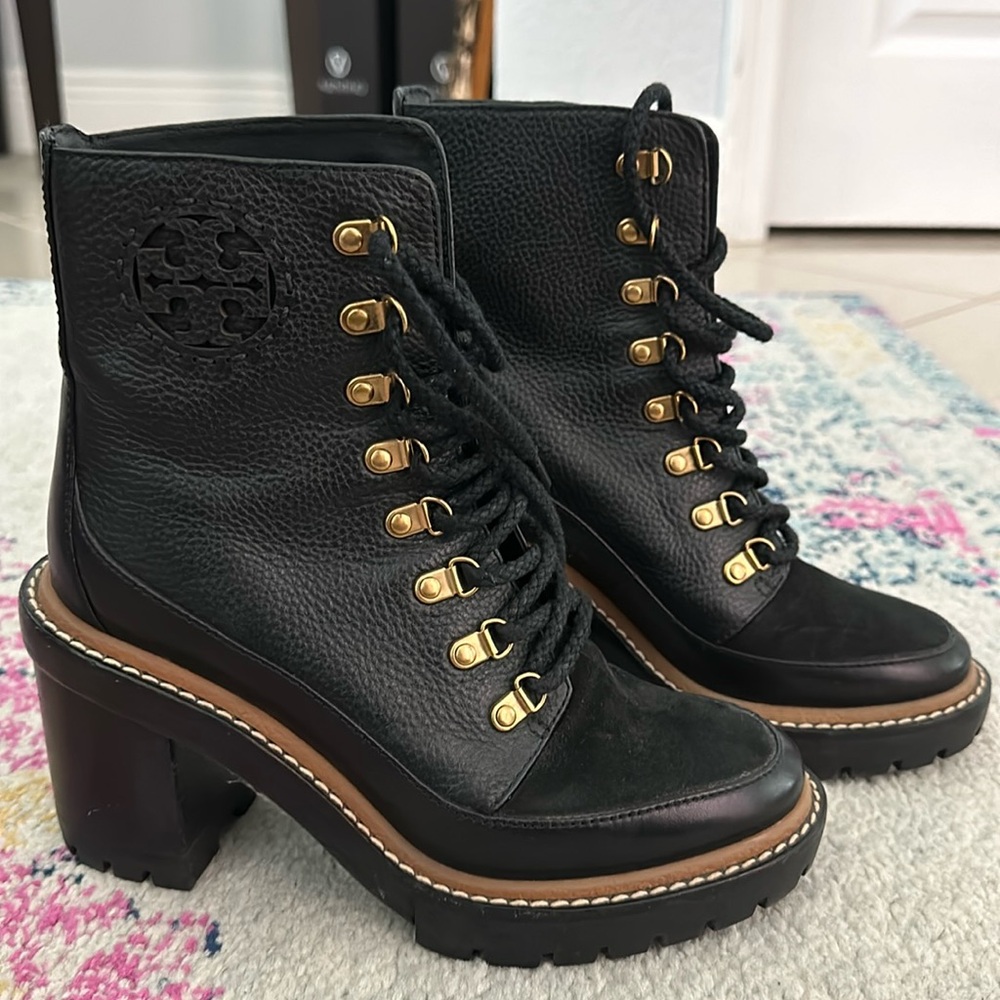 Tory Burch Black Heeled Boots with Gold Accents